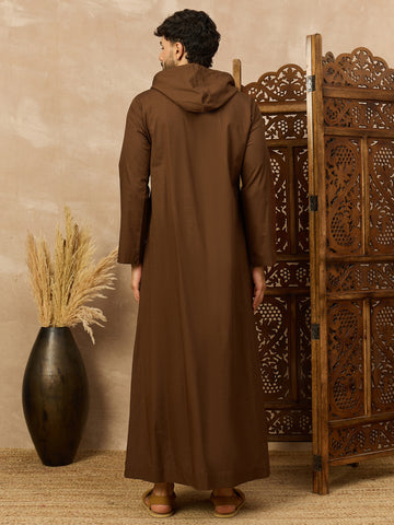Men's Brown Thobe with Stylish Contrast Hood
