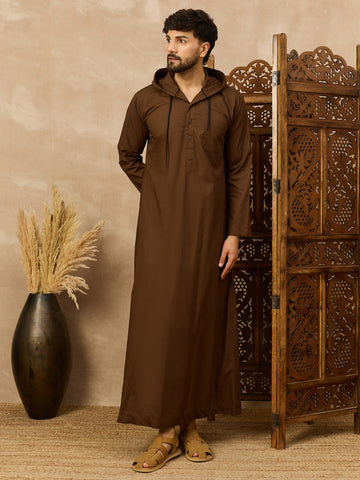 Men's Brown Thobe with Stylish Contrast Hood