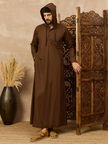 Men's Brown Thobe with Stylish Contrast Hood