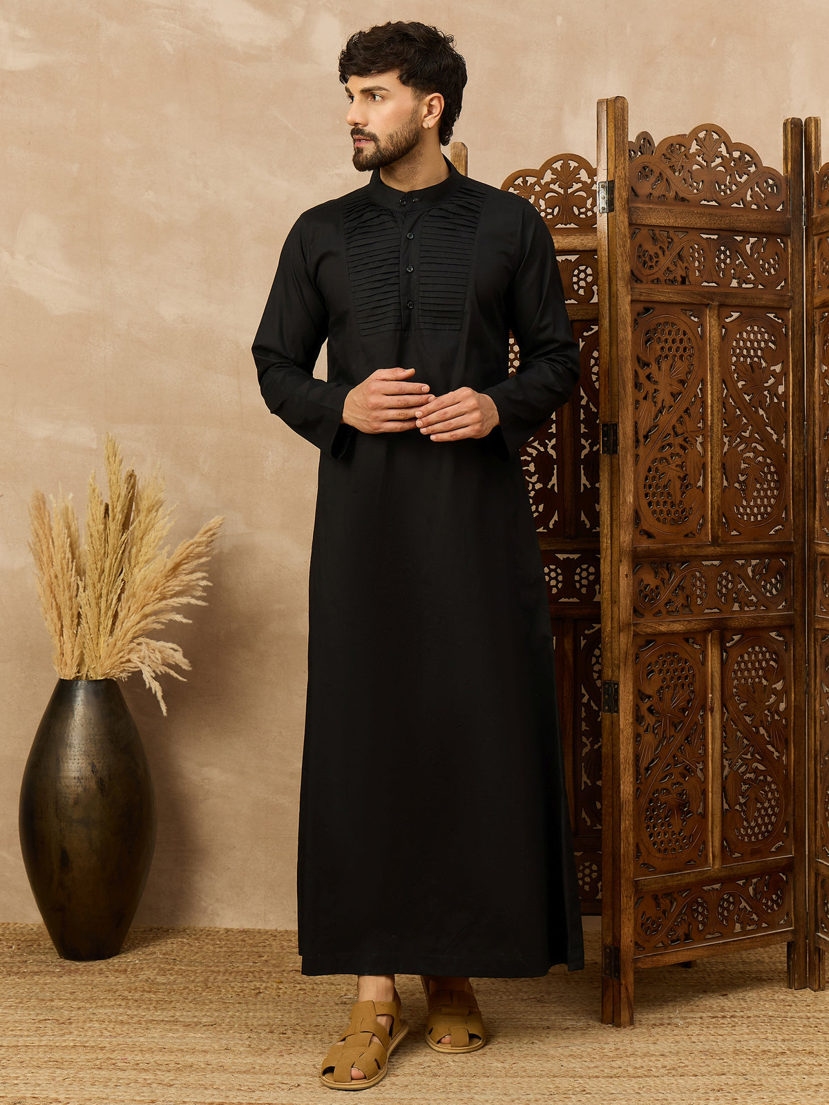 Men’s Black Thobe with Pleated Front Design