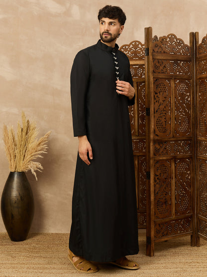 Men’s Black Thobe with Embroidered Button Placket
