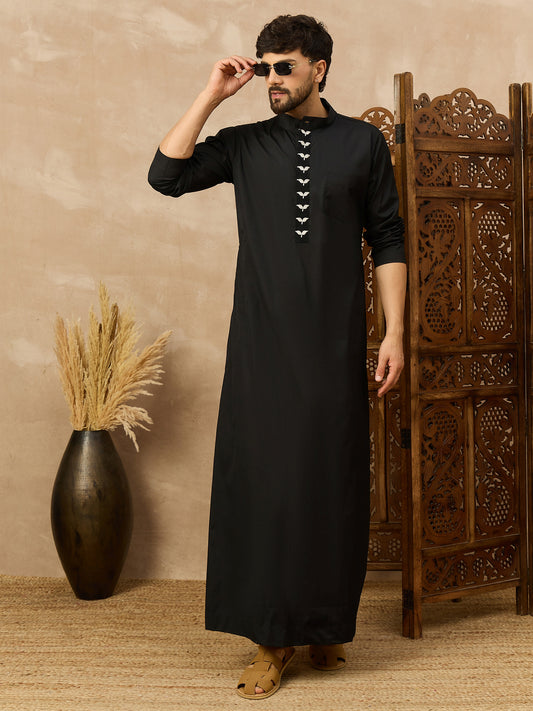 Men’s Black Thobe with Embroidered Button Placket