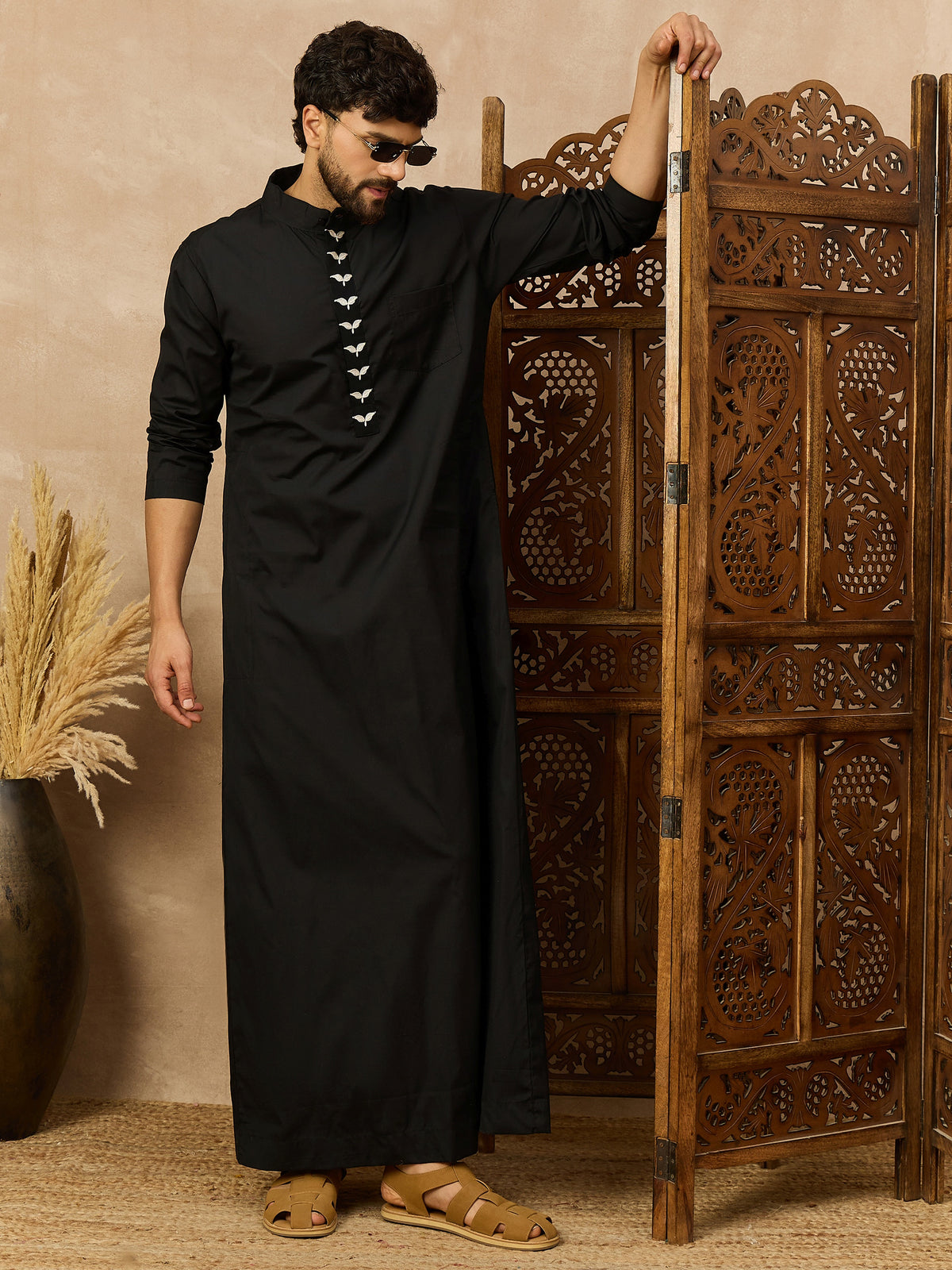 Men’s Black Thobe with Embroidered Button Placket