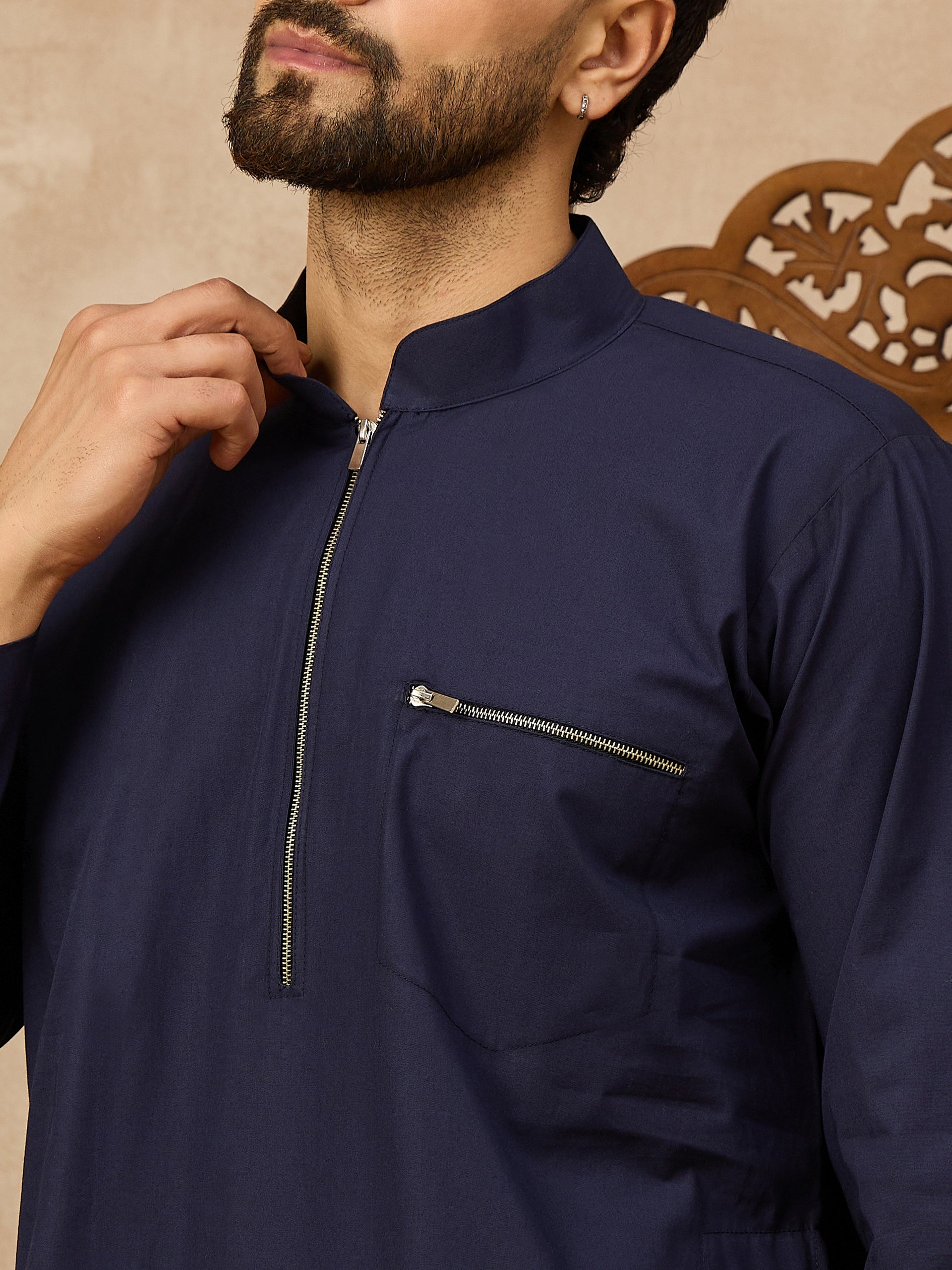 Men’s Navy Blue Thobe with Front Zipper