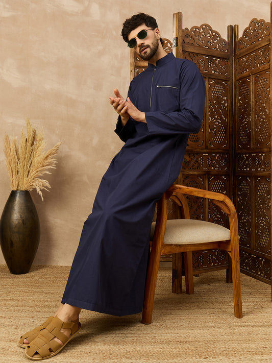 Men’s Navy Blue Thobe with Front Zipper