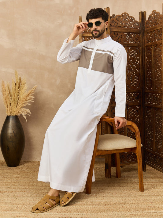 Men’s White Thobe with Taupe Chest Panel
