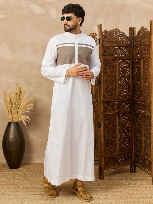 Men’s White Thobe with Taupe Chest Panel