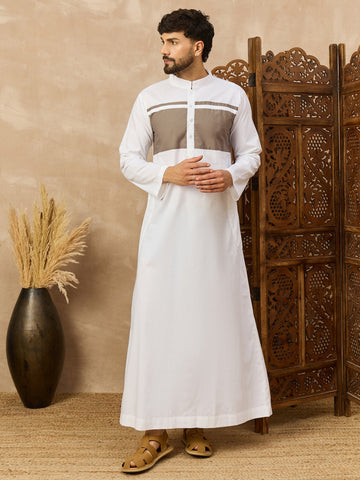 Men’s White Thobe with Taupe Chest Panel