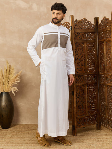 Men’s White Thobe with Taupe Chest Panel