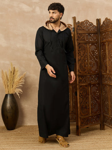 Men's Black Thobe with Stylish Contrast Hood
