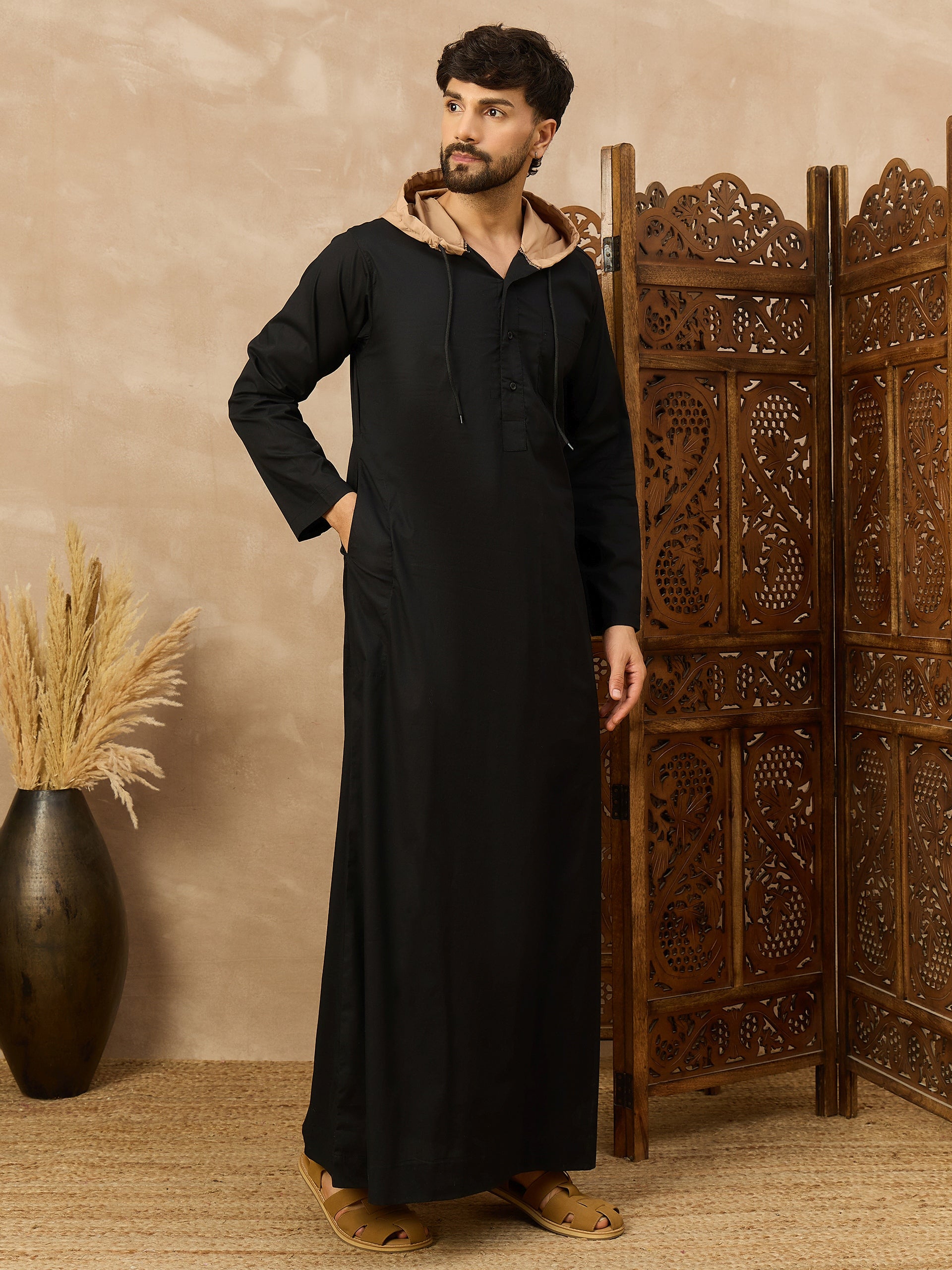 Men's Black Thobe with Stylish Contrast Hood
