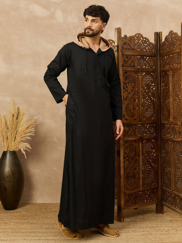 Men's Black Thobe with Stylish Contrast Hood