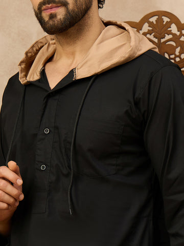 Men's Black Thobe with Stylish Contrast Hood