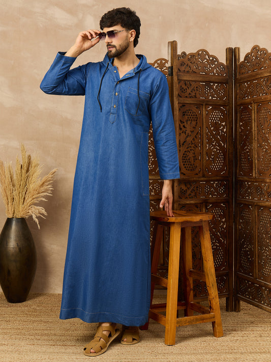 Men's Blue Denim Thobe with Hood