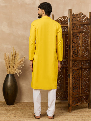 Men's Yellow Solid Straight Kurta with White Pajama Set For Men