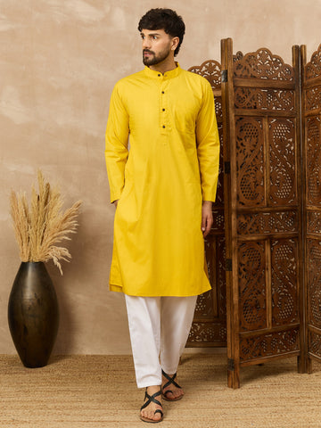 Men's Yellow Solid Straight Kurta with White Pajama Set For Men