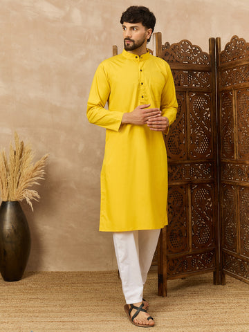 Men's Yellow Solid Straight Kurta with White Pajama Set For Men
