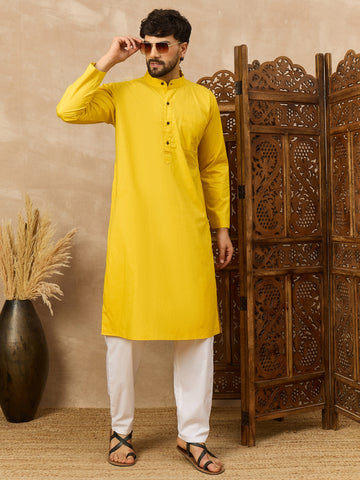 Men's Yellow Solid Straight Kurta with White Pajama Set For Men
