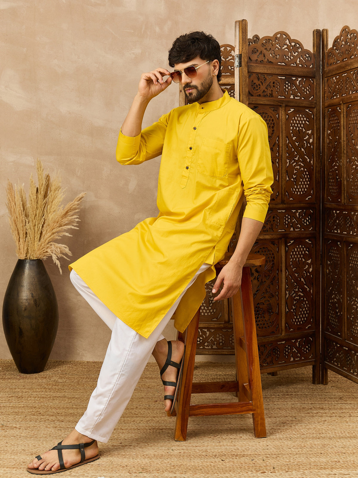 Men's Yellow Solid Straight Kurta with White Pajama Set For Men