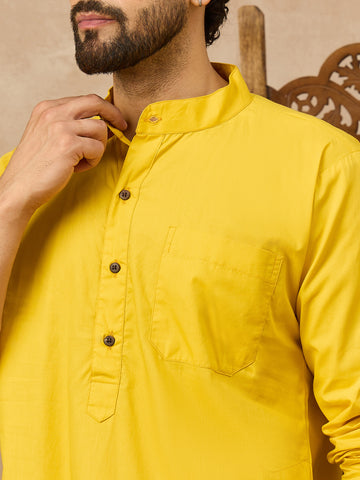 Men's Yellow Solid Straight Kurta with White Pajama Set For Men