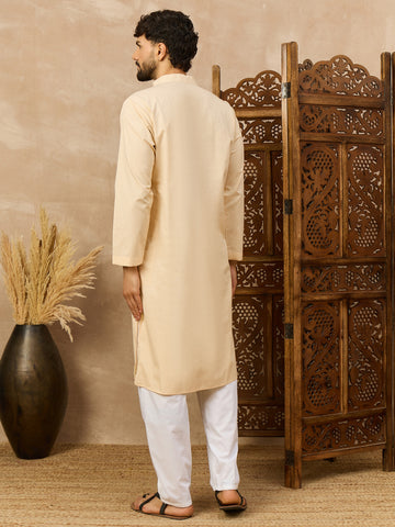 Men's Cream Solid Straight Kurta with White Pajama Set For Men