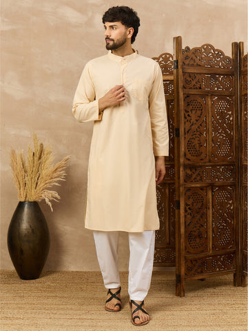 Men's Cream Solid Straight Kurta with White Pajama Set For Men