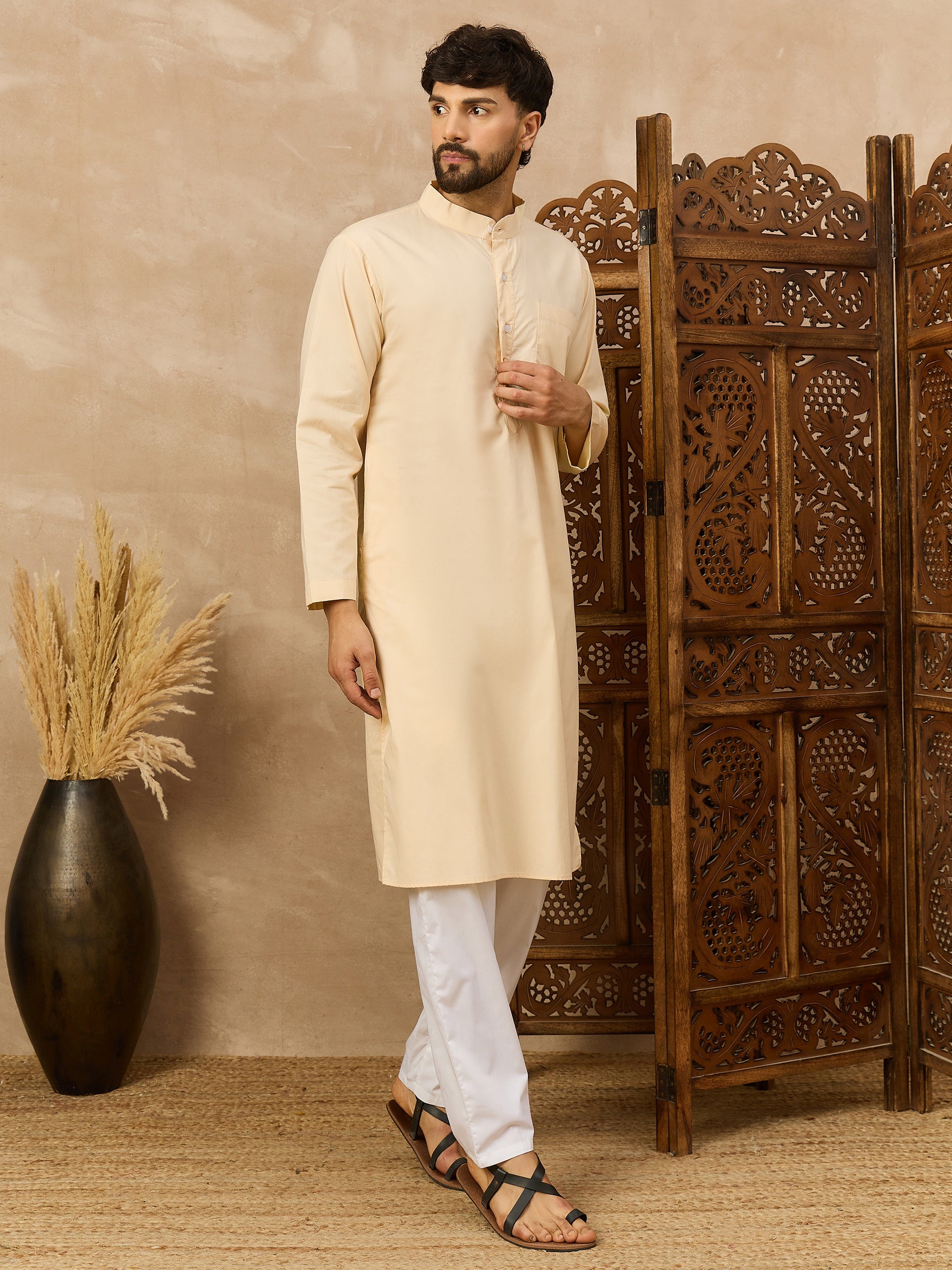 Men's Cream Solid Straight Kurta with White Pajama Set For Men