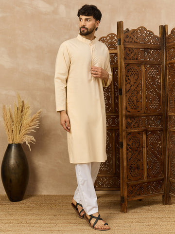 Men's Cream Solid Straight Kurta with White Pajama Set For Men