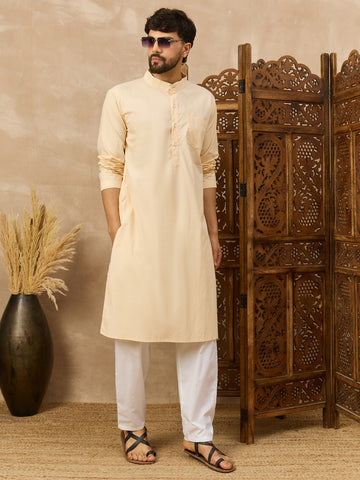 Men's Cream Solid Straight Kurta with White Pajama Set For Men