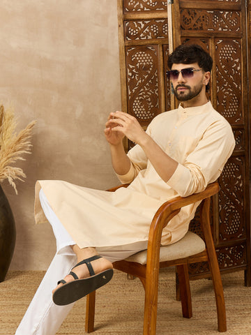 Men's Cream Solid Straight Kurta with White Pajama Set For Men