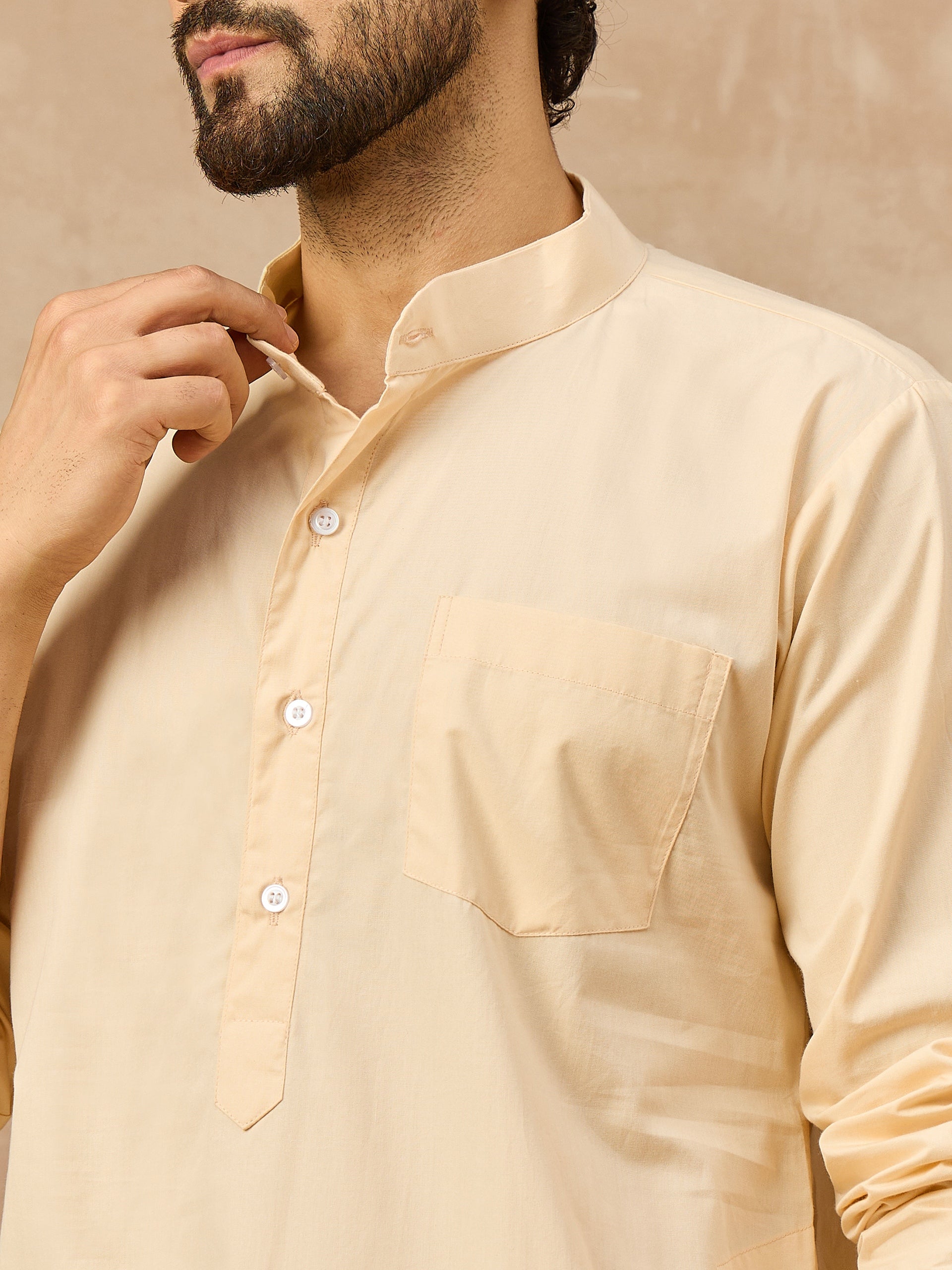 Men's Cream Solid Straight Kurta with White Pajama Set For Men