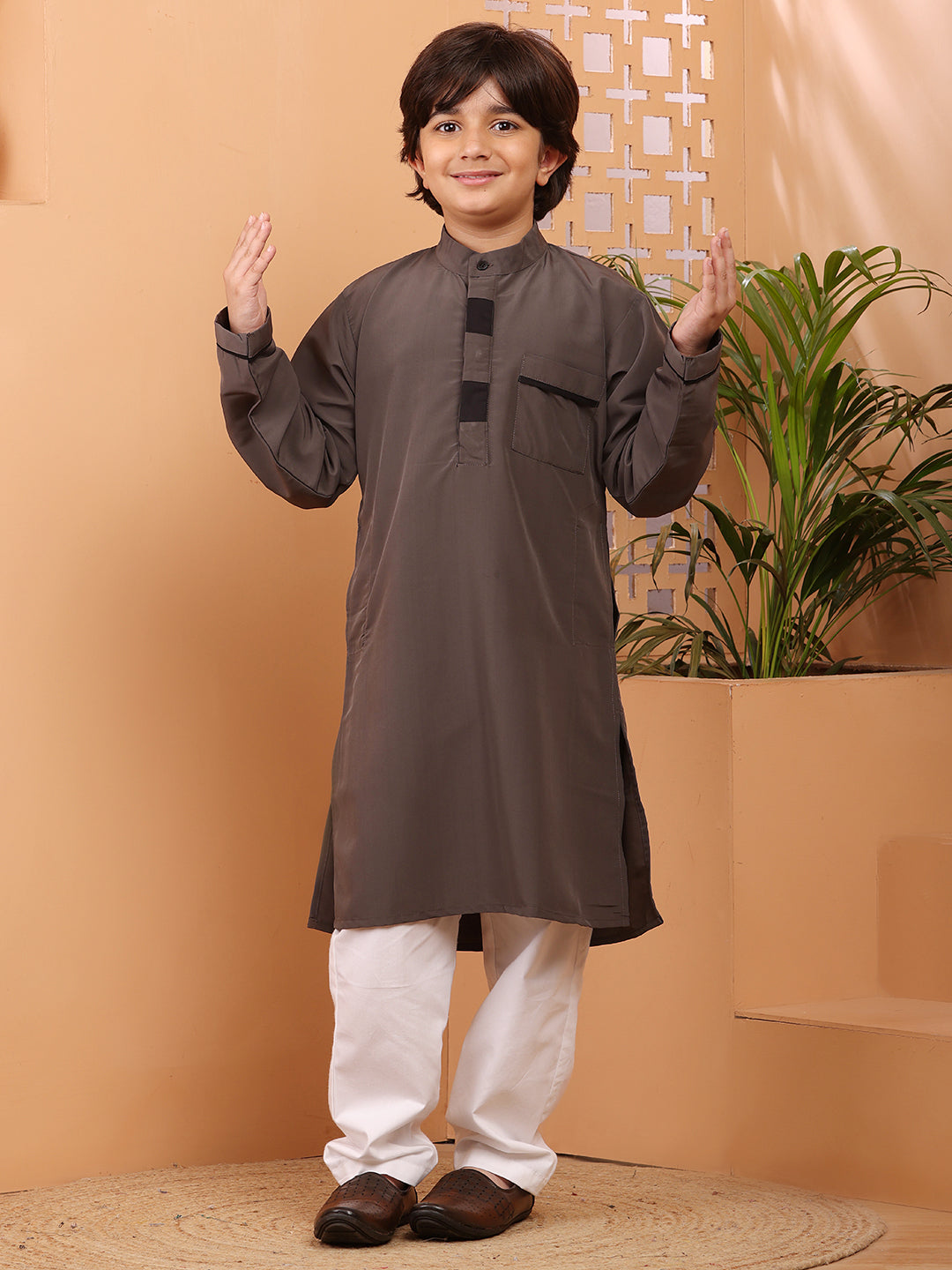 Nabia Grey Solid Kurta Pajama Set for Kids Boys