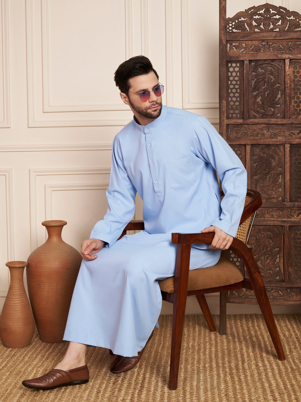 Men’s Light Sky Blue Solid Thobe