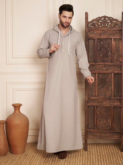 Men’s Light Grey Solid Hooded Thobe