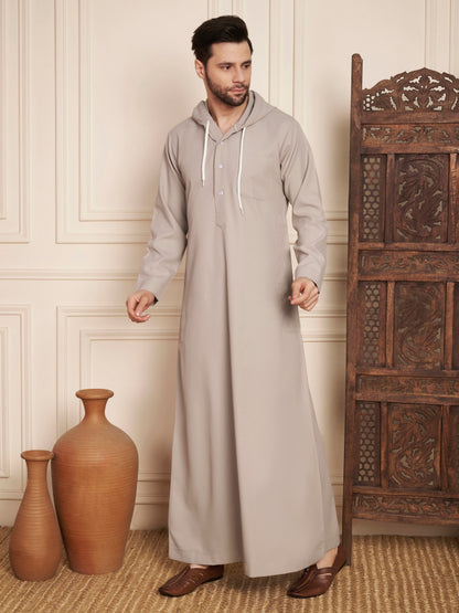 Men’s Light Grey Solid Hooded Thobe