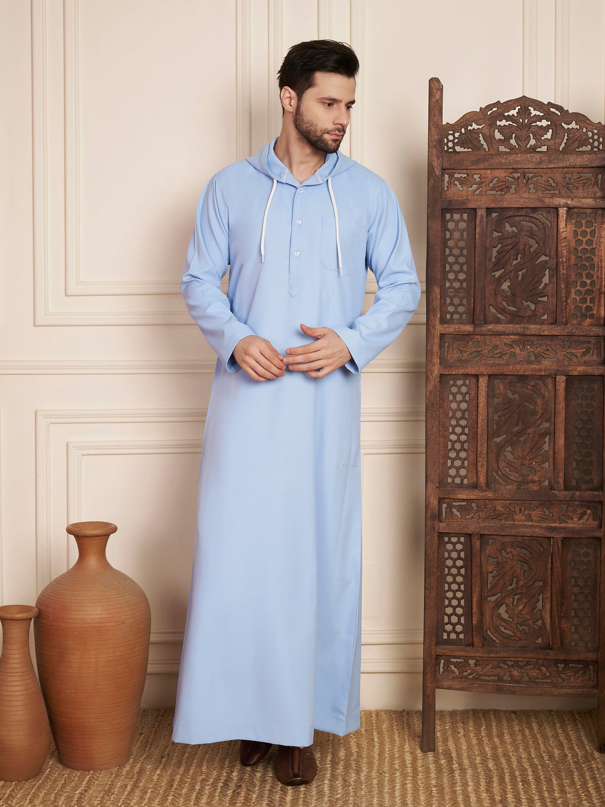Men’s Light Sky Blue Solid Hooded Thobe