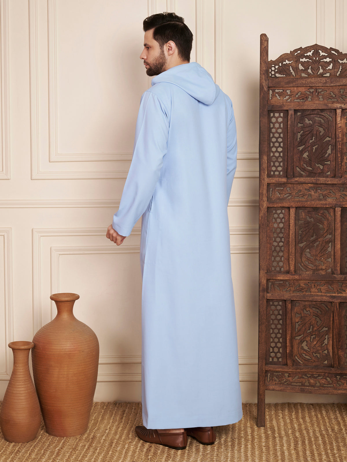 Men’s Light Sky Blue Solid Hooded Thobe