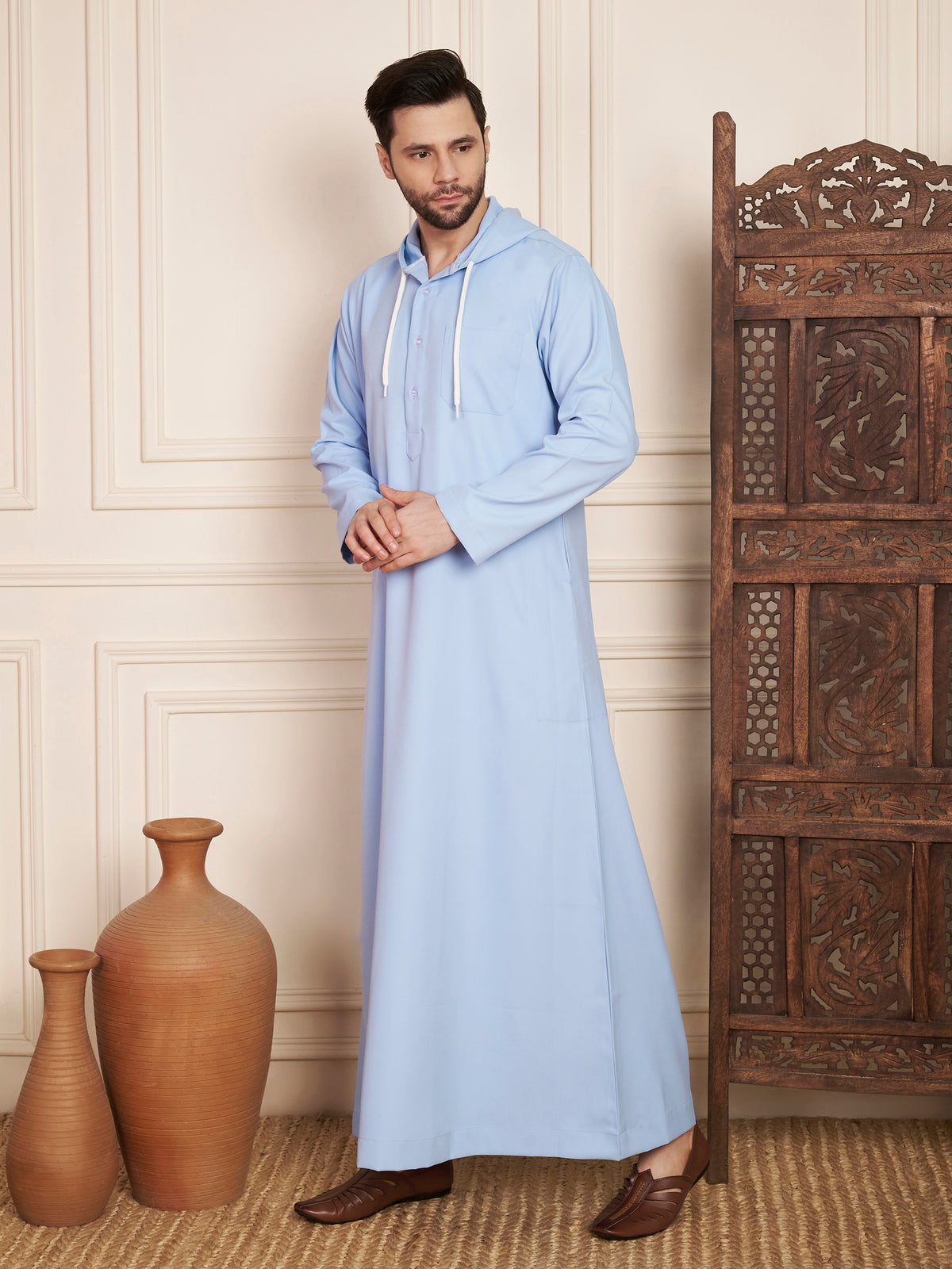 Men’s Light Sky Blue Solid Hooded Thobe
