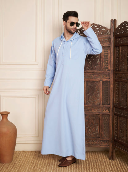 Men’s Light Sky Blue Solid Hooded Thobe
