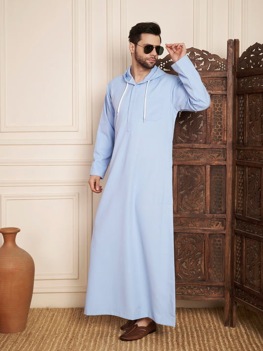 Men’s Light Sky Blue Solid Hooded Thobe