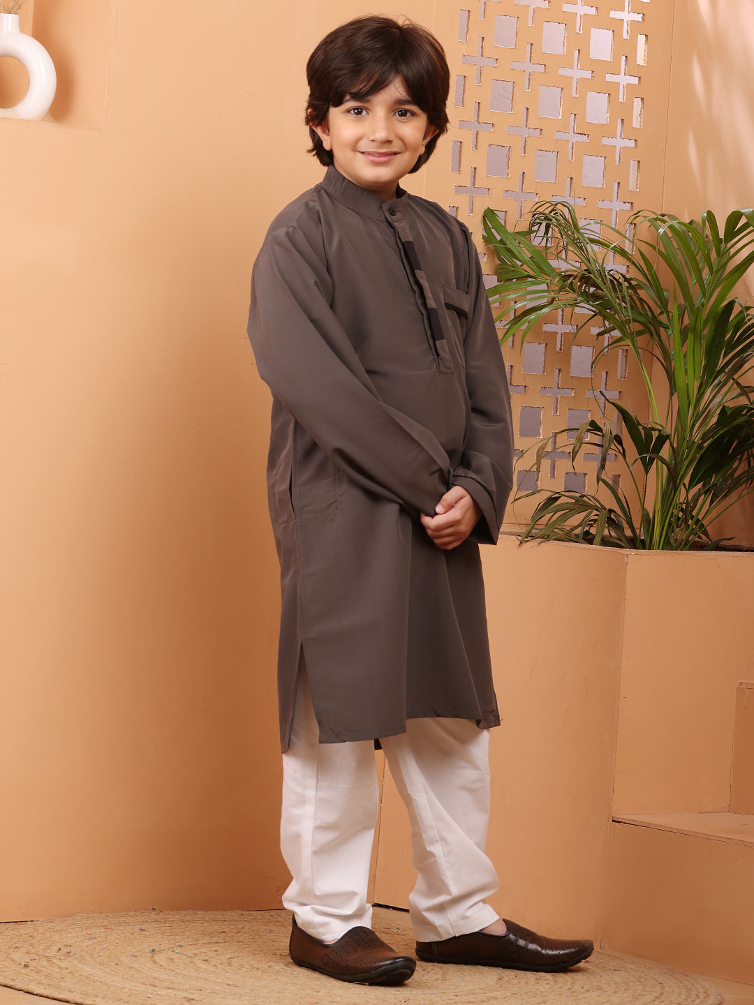 Nabia Grey Solid Kurta Pajama Set for Kids Boys