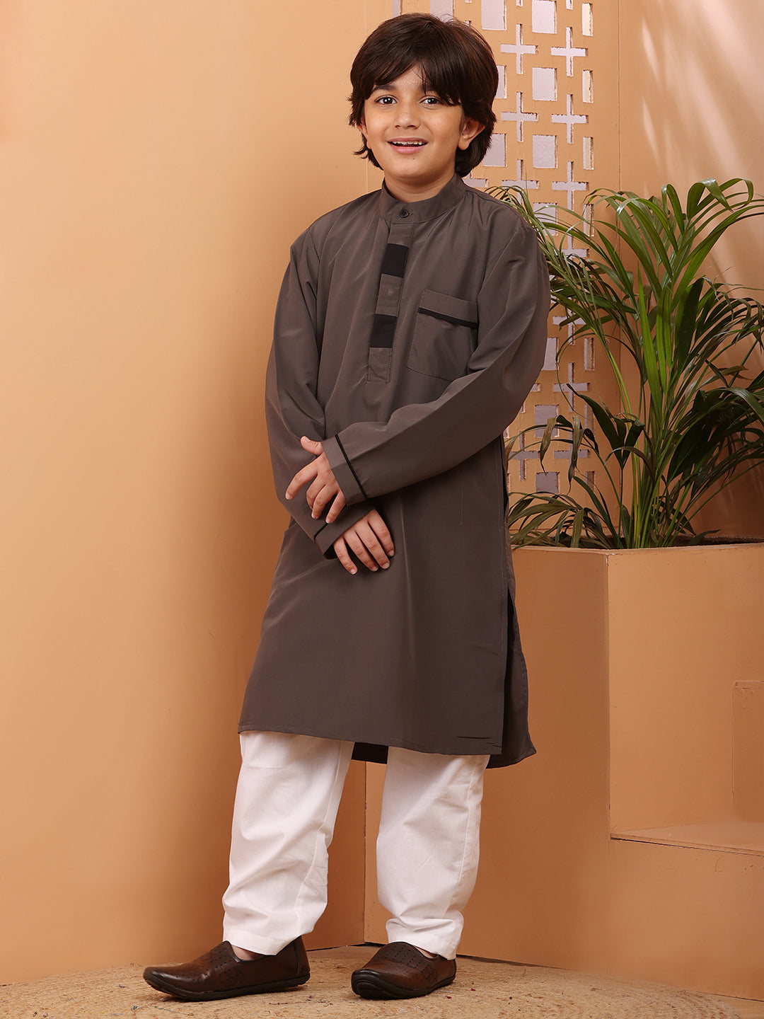 Nabia Grey Solid Kurta Pajama Set for Kids Boys