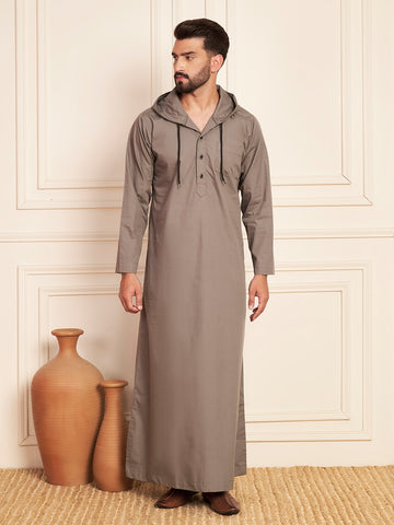 Men's Grey Thobe with Stylish Contrast Hood