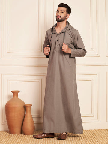 Men's Grey Thobe with Stylish Contrast Hood