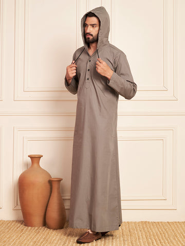 Men's Grey Thobe with Stylish Contrast Hood