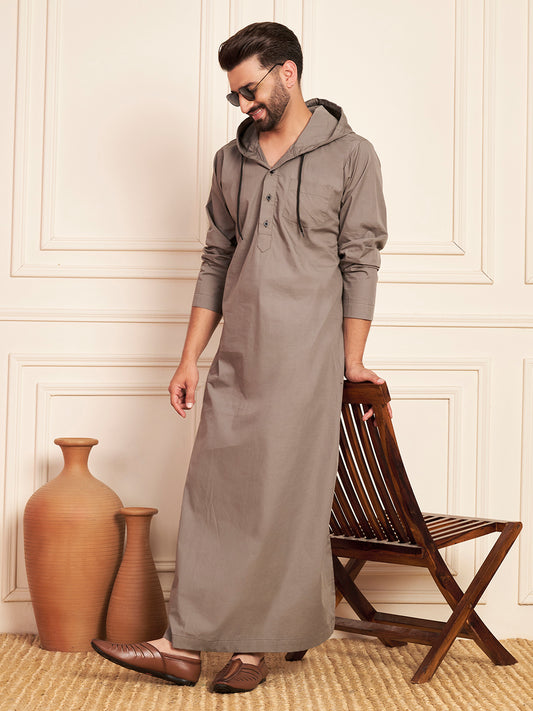 Men's Grey Thobe with Stylish Matching Hood