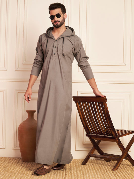 Men's Grey Thobe with Stylish Matching Hood