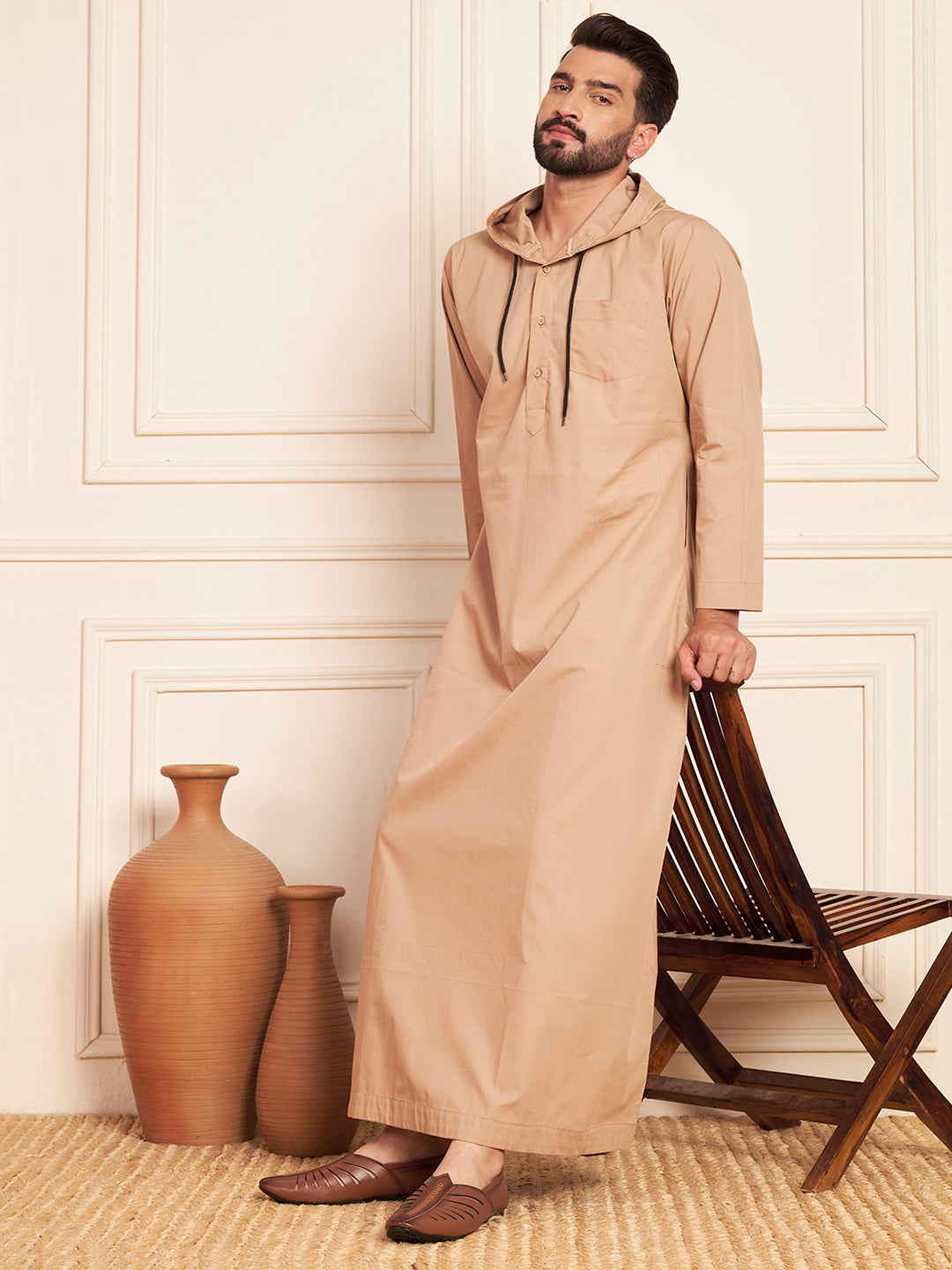 Men's Beige Thobe with Stylish Matching Hood