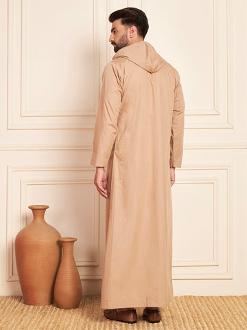 Men's Beige Thobe with Stylish Contrast Hood