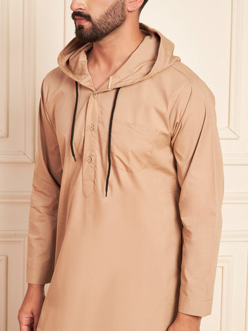 Men's Beige Thobe with Stylish Contrast Hood